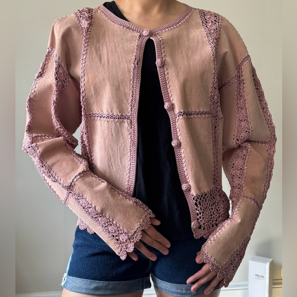 Y2K Fairycore Pink Suede crochet cottage Boho Knitwear Festival cardigan - Large - Picture 3 of 12